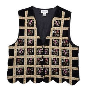 Van Heusen Vest Womens Large Black Floral Embroidered Velvet Boho Festival India